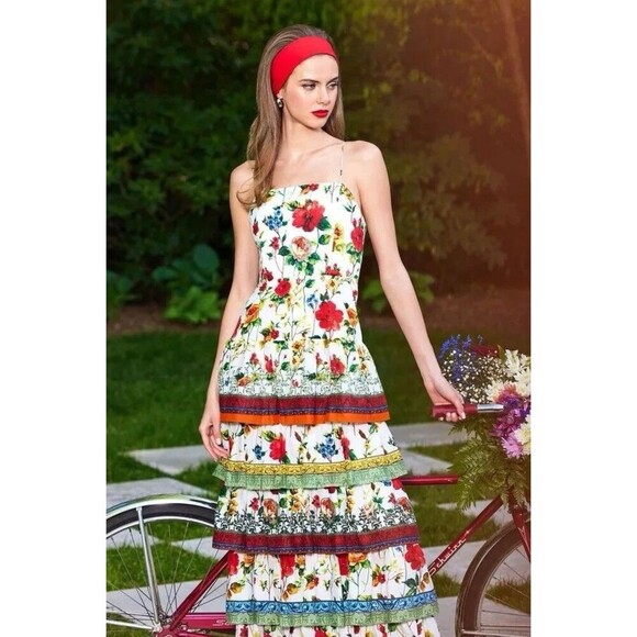 Alice + Olivia Valencia Floral Tiered Spaghetti Strap Maxi Dress Size 6 Resort - Picture 1 of 15